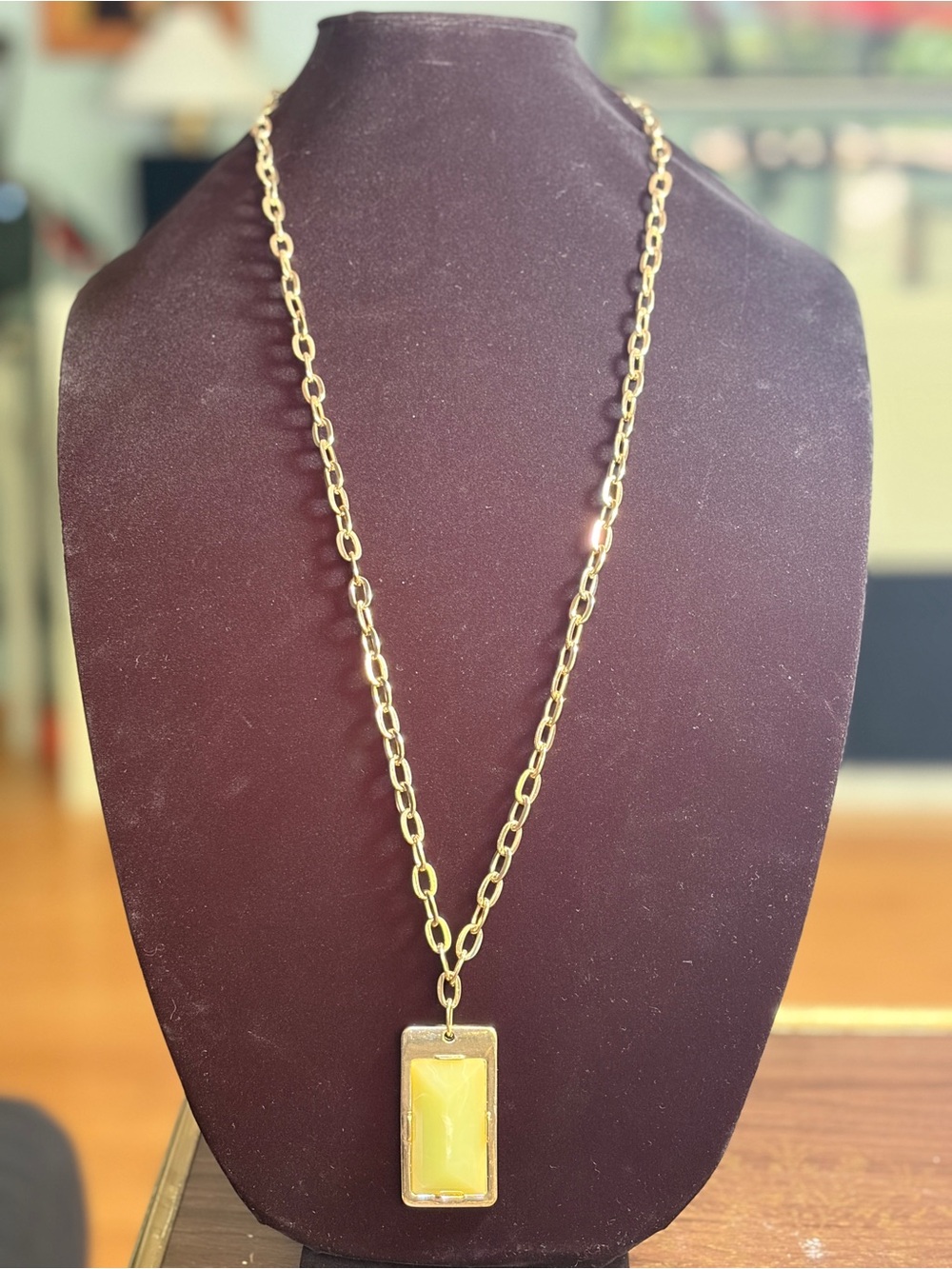 16” Vintage Goldtone Chain Necklace with yellow-green rectangular resin pendant